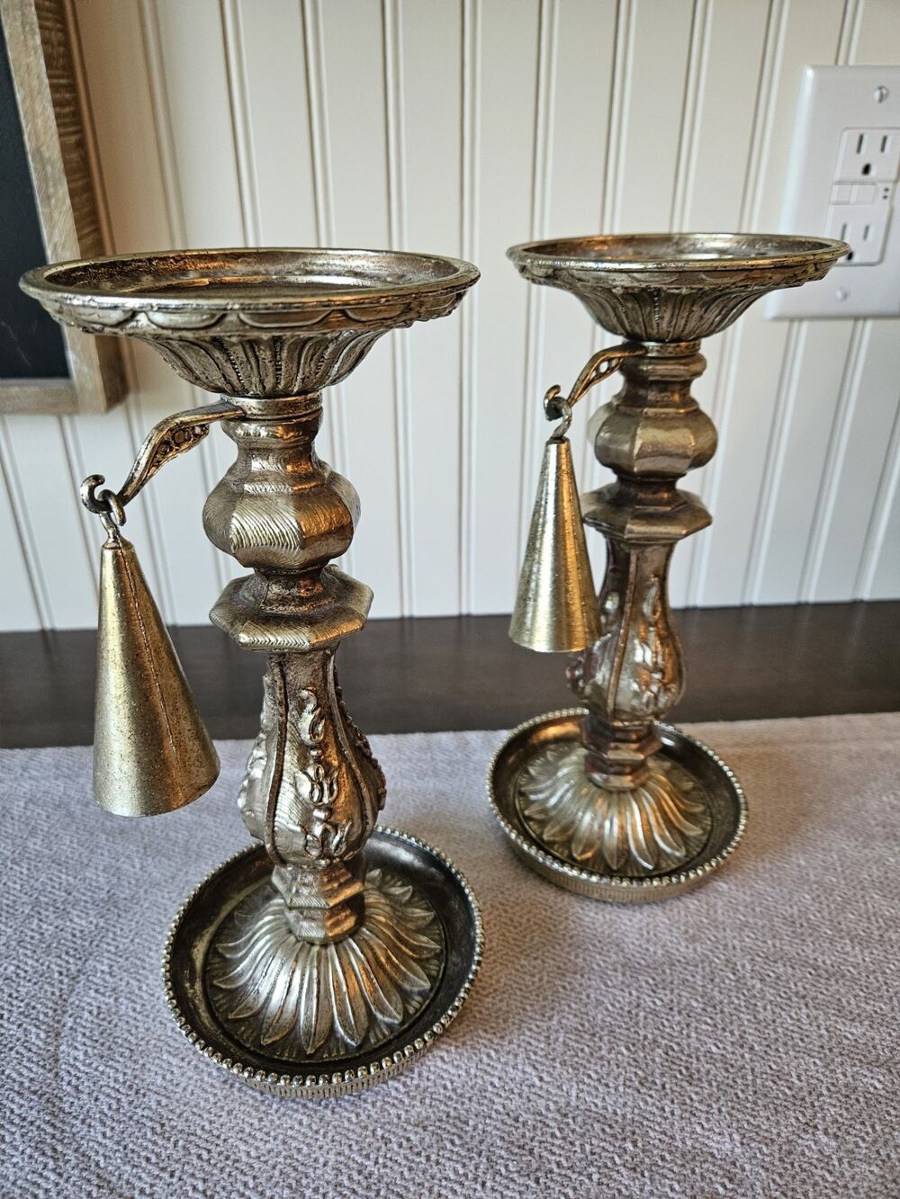 Pair Of 2 Dilly Wood Vintage Mid Century Pillar Candle Holders Silver Black